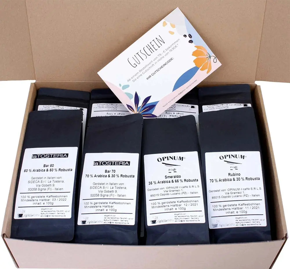 espresso probierpaket mit 16 verschiedenen espressobohnen. von norditalien bis süditalien